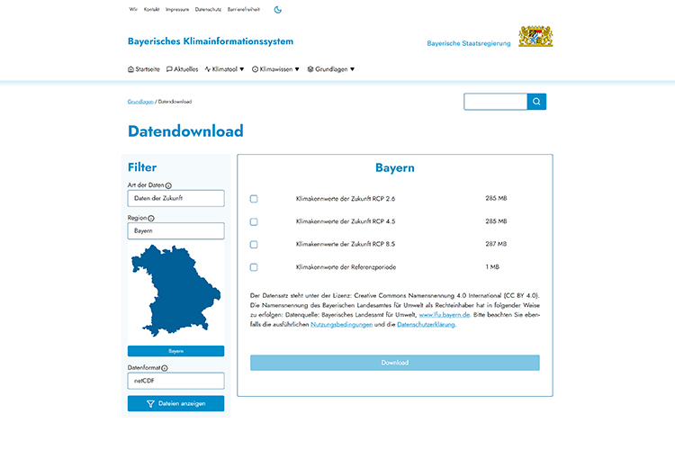Screenshot der Website https://klimainformationssystem.bayern.de/grundlagen/datendownload?epoch=future&regionPartitioning=Bayern&regionPartValue=bavaria&region=11&regionName=Bayern&format=nc