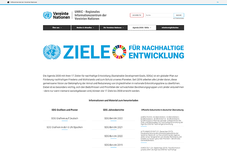 Screenshot der Website https://unric.org/de/17ziele/