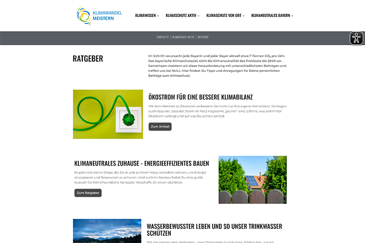 Screenshot der Website https://www.klimawandel-meistern.bayern.de/klimaschutz_aktiv/ratgeber/index.html