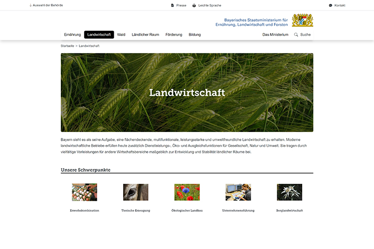 Screenshot der Website https://www.stmelf.bayern.de/landwirtschaft/index.html