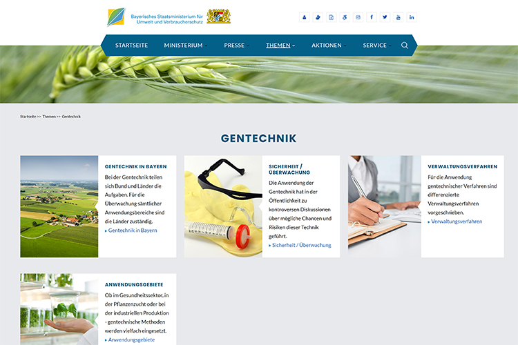 Screenshot der Website https://www.stmuv.bayern.de/themen/gentechnik/index.htm